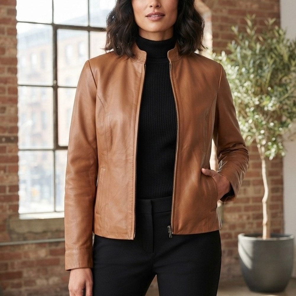 Norm Thompson Womens XS Y2K Brown Genuine Leather Jacket Cafe Racer Zip Front